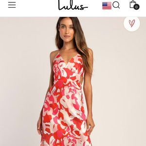 Lulu's Front Page Hues Coral Multi Floral Satin Midi Dress S